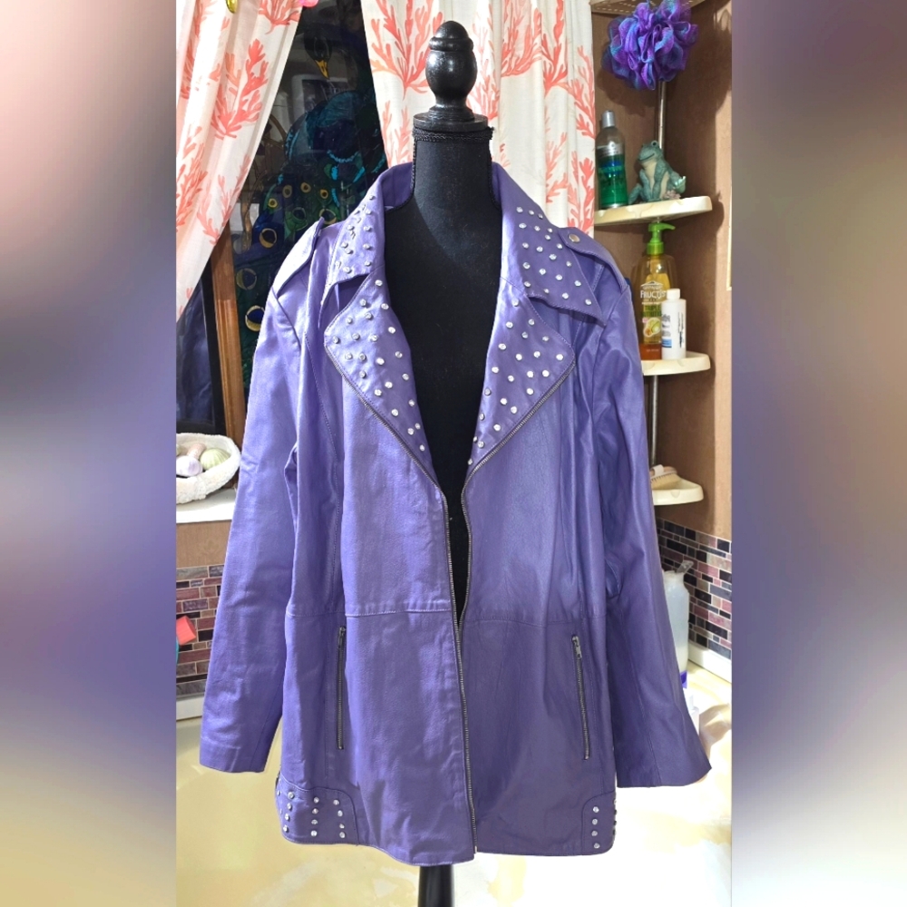 Purple Rhinestone Leather Jacket Roman's Womans Size 30